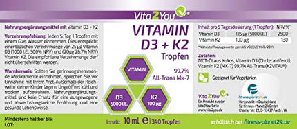 Vita2You D3 + K2 vitamīna pilieni - D3 vitamīns 5000 SV - K2 vitamīns 100µg vienā pilienā - K2VITAL - MK-7 - 99,7% All-Trans - MCT eļļa - Augstākās kvalitātes - Ražots Vācijā
