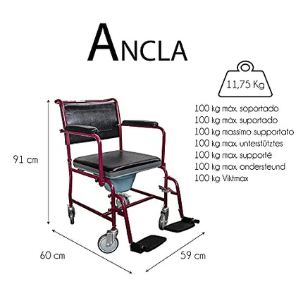 Mobiclinic, Kumodes krēsls ar ritentiņiem, Ancla, Eiropas zīmols, Tualetes sēdeklis vecāka gadagājuma cilvēkiem un cilvēkiem ar invaliditāti, Tualetes sēdeklis, Salokāmi roku balsti, Noņemami kāju balsti, Vāks, Bordo