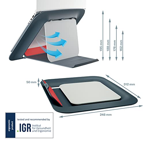 Leitz Ergo Set Active Sitzball, Gymnastikball 55 cm, Anti-Wegroll-Funktion, Stoffbezug + Leitz Höhenverstellbarer Laptopständer, Notebook Ständer mit 4 Höhen für 13“-15“ Notebooks, 65410089 + 64260089