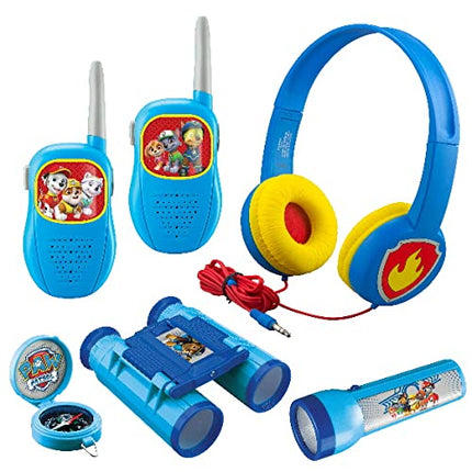 ekids Ķepu patruļas piedzīvojumu un mūzikas dāvanu komplekts. Skaļuma ziņā draudzīgas austiņas, rācijas ar spiedpogu funkciju, kompass, lukturītis un binoklis