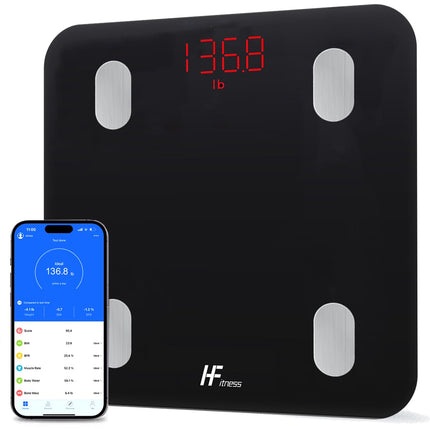 MājasMode HFitness ķermeņa tauku svari 19x ķermeņa datu analīze iOS un Android lietotne Viedie digitālie vannas istabas svari Personīgie ķermeņa svari Ķmi mērītājs BMI Bluetooth