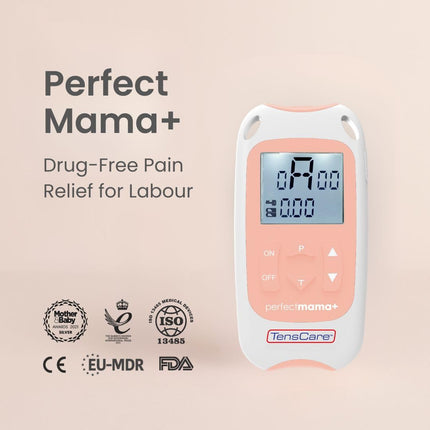 TensCare Perfect Mama+ TENS ierīce sāpju mazināšanai dzemdību laikā un muguras sāpju mazināšanai grūtniecības laikā. Sniedziet informāciju par kontrakciju laikiem un dzemdību ilgumu.