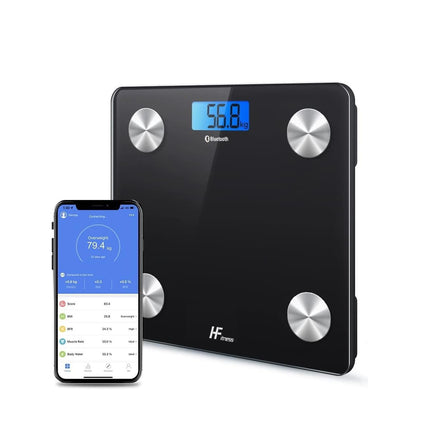 MājasModes HFitness ķermeņa tauku svari 28x28cm 19x ĶERMEŅA DATI iOS un Android lietotne Inteliģenti digitālie vannas istabas svari Personīgie ķermeņa svari Ķmi svara mērītājs ĶMI Bluetooth