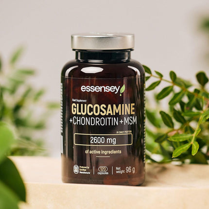 ESSENSEY - Glikozamīns un hondroitīns MSM I 2600 mg aktīvās vielas uz ieteicamo dienas devu I 120 kapsulas I MSM 600 mg I 30 dienas devas I Viegli norijamas