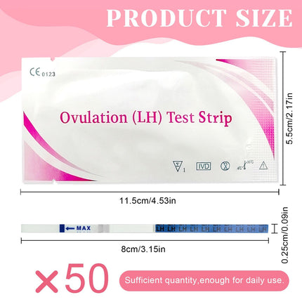 50 ovulācijas testa strēmeles, auglības tests sievietēm, optimāla jutība 25 mIU/ml, precīza ovulācijas testa izsekošana, ātri un precīzi rezultāti