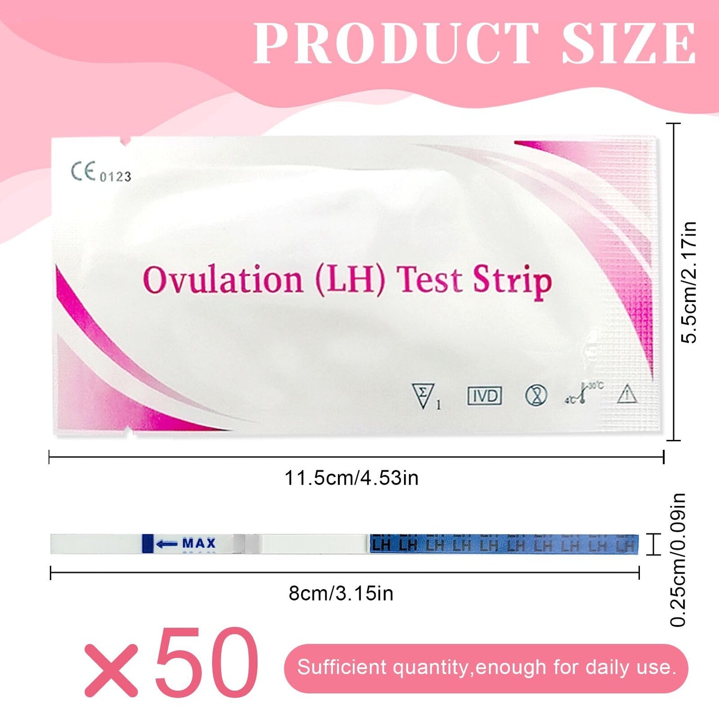 50 ovulācijas testa strēmeles, auglības tests sievietēm, optimāla jutība 25 mIU/ml, precīza ovulācijas testa izsekošana, ātri un precīzi rezultāti