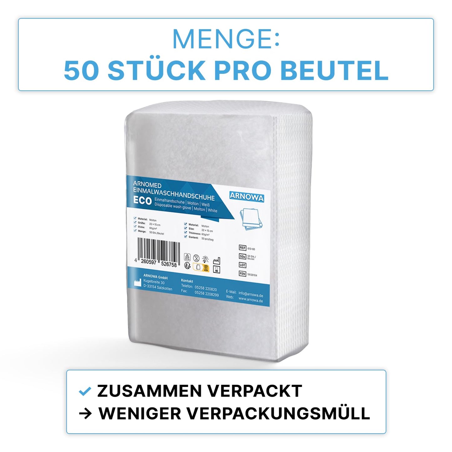 50 ARNOMED Einmalwaschlappen Molton, trockene Einmalwaschlappen für Baby, Kinder & Erwachsene, Einmal Waschhandschuhe 60g/m², Weiße Einmal Waschlappen weich, sanfte Einwegwaschlappen zur Körperpflege