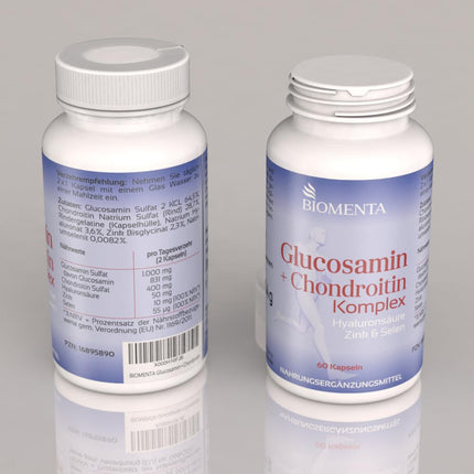 BIOMENTA glikozamīna + hondroitīna komplekss - 60 alergēnu nesaturošas augstas devas kapsulas ar glikozamīna sulfātu, augstas devas hondroitīna sulfātu + hialuronskābi, cinku, selēnu - augstākā kvalitāte