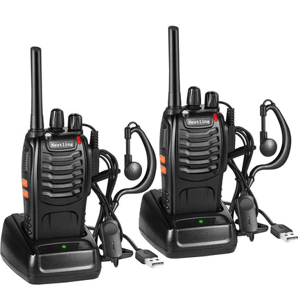 Nestling radio komplekts, rācija ar 16 kanāliem abos virzienos, rokas radio ar iebūvētu LED lukturīti, USB savienojumu un austiņām (2 gab. komplektā)