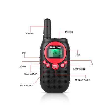 Rācijas bērniem, uzlādējamas divvirzienu rācijas, 8 kanālu diapazons 5 km, PMR 446 radio ar VOX LCD ekrānu, rācijas rotaļlietu dāvanas, 2 iepakojumi, sarkani