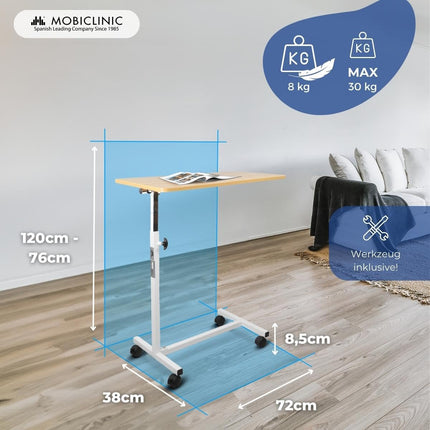 Mobiclinic, Gultas vai dīvāna sānu galdiņš pieaugušajiem un cilvēkiem ar invaliditāti, Ar riteņiem, Viegls, Pārnēsājams, Regulējams augstumā, Regulējams, Kafijas galdiņš