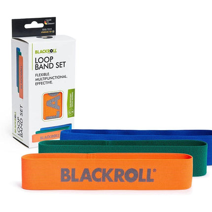 BLACKROLL® cilpu lentu komplekts (3 gab.), fitnesa lentu komplekts funkcionālajiem treniņiem, ādai draudzīgas treniņu lentes 3 stipruma pakāpēs: viegla (oranža), vidēja (zaļa) un spēcīga (zila), ražots Vācijā