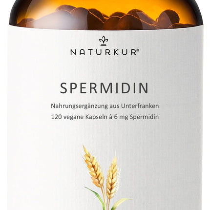 Naturkur® Spermidine 6mg - 120 kapsulas farmaceita stikla burciņā - kviešu dīgļu ekstrakts, vegāns, bez piedevām, roku darbs Lejasfranconijā