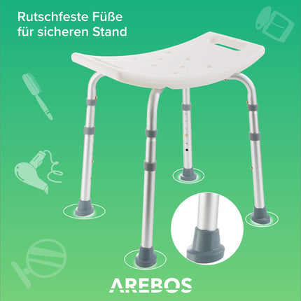 Arebos dušas krēsls | Regulējams augstums | alumīnija rāmis | Neslīdošas gumijas kājiņas | Sēdeklis ar drošības rokturiem | Dušas palīglīdzeklis | Dušas krēsls | Dušas sēdeklis | vannas istabas krēsls | Vannas sēdeklis | senioriem