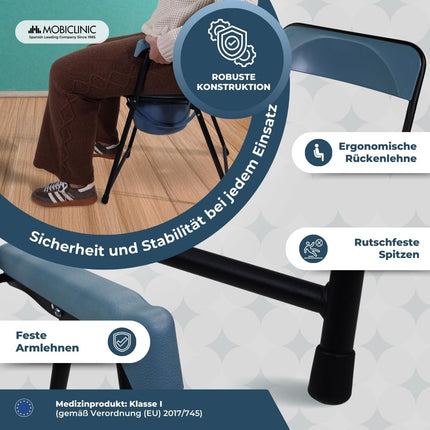 Mobiclinic®, Kloze senioriem, Eiropas zīmols, Salokāms tualetes pods, Ergonomisks ar roku balstiem, Vāks ar spaiņa formu, Izturīgs, Līdz 100 kg, Modelis timón