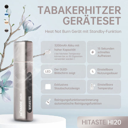 HI TASTE Hi20 tabakas sildītājs, kas saderīgs ar IQOS HEETS, lieliska garša, 3200mAh ietilpīga baterija, divkārša sildīšanas sistēma un apakšējā sildīšana kociņiem, regulējama temperatūra, OLED displejs (burvīgi melns)