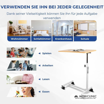 Mobiclinic, Gultas vai dīvāna sānu galdiņš pieaugušajiem un cilvēkiem ar invaliditāti, Ar riteņiem, Viegls, Pārnēsājams, Regulējams augstumā, Regulējams, Kafijas galdiņš