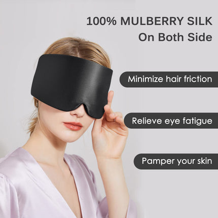 OLESILK 100% zīdkoka zīda miega maska acu maska ar regulējamu galvas saiti vīriešiem un sievietēm, liela miega maska un aizsietām acīm nakts miegam, ceļojumiem un diendusai, melna