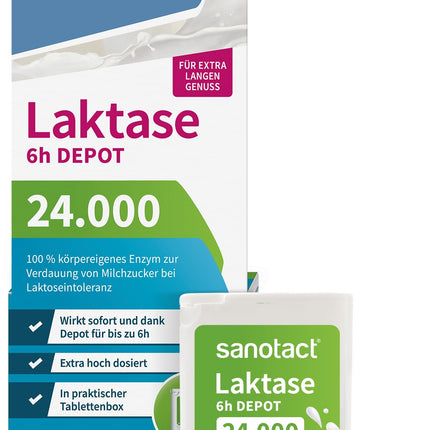 sanotact Lactase 24,000 6h DEPOT (40 laktāzes tabletes) • Laktozes tabletes ar depo efektu • Laktozes nepanesības un piena nepanesības gadījumā • Tūlītēja iedarbība un 6 stundu ilgstoša depo iedarbība