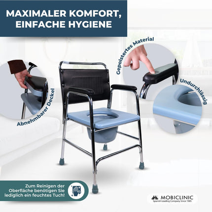 Mobiclinic®, tualetes krēsls, Velero, Eiropas zīmols, tualetes poda sēdeklis vecāka gadagājuma cilvēkiem un cilvēkiem ar invaliditāti, tualetes poda krēsls, neslīdošs, ar vāku, polsterēti roku balsti sēdeklī
