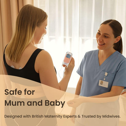 TensCare Perfect Mama+ TENS ierīce sāpju mazināšanai dzemdību laikā un muguras sāpju mazināšanai grūtniecības laikā. Sniedziet informāciju par kontrakciju laikiem un dzemdību ilgumu.