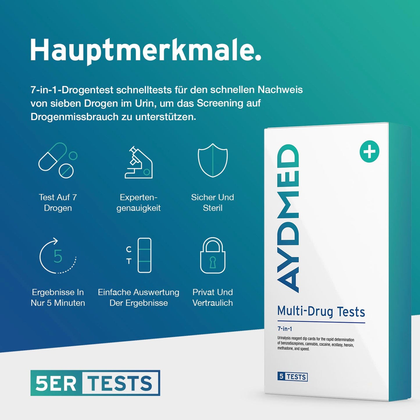 5 x AYDMED 7-in-1 narkotiku testa eksprestests | Narkotiku tests pašpārbaudes urīna skrīningam | Narkotiku testi kokaīna, opiātu, metadona, amfetamīnu, kaņepju, ekstazī un benzodiazepīnu noteikšanai