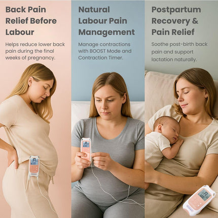 TensCare Perfect Mama+ TENS ierīce sāpju mazināšanai dzemdību laikā un muguras sāpju mazināšanai grūtniecības laikā. Sniedziet informāciju par kontrakciju laikiem un dzemdību ilgumu.