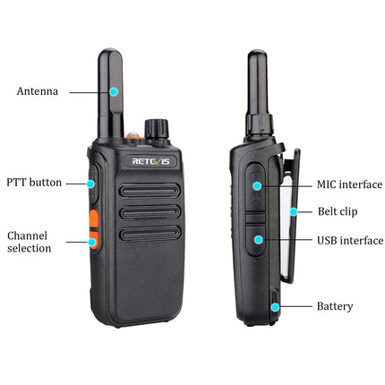Retevis RB635 divvirzienu rācija profesionālai lietošanai, LED lukturītis PMR446, bezlicences 16 kanāli, divvirzienu rācijas komplekts, VOX, uzlādējama USB rācija mazumtirdzniecībai, hostelim (melns, 4 gab. iepakojumā)