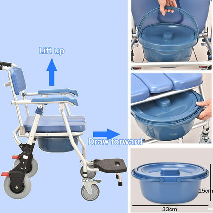 Salokāms tualetes krēsls senioriem, dušas krēsls ar riteņiem un tualeti, slimniekiem, vecāka gadagājuma cilvēkiem, invalīdiem un grūtniecēm, kravnesība līdz 150 kg