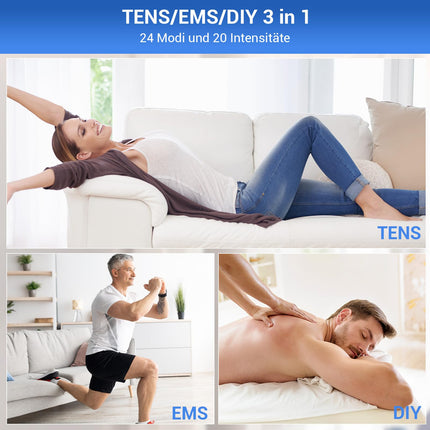 Comfytemp 4 kanālu 8 elektrodu TENS/EMS/DIY ierīce sāpju terapijai ar 24 režīmiem, masāža rokām, kājām, mugurai, pleciem, kaklam ar 10 elektrodu spilventiņiem K6106