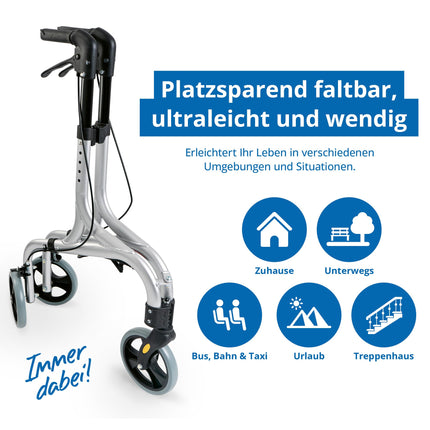 Weinberger alumīnija rollators ar 3 riteņiem, salokāms, ar noņemamu somu, plāns, viegls un manevrējams, stabils, tikai 4,2 kg, krāsa: sudraba, modelis: 02217