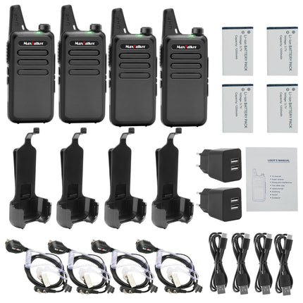 MaxTalker MT1 uzlādējama rācija pieaugušajiem un bērniem, VOX rācija ar 1200mAh litija jonu akumulatoru, USB lādētāju un austiņām. Rācijas lietošanai ārpus telpām, kempingam, pārgājieniem, 4 gabalu komplekts.
