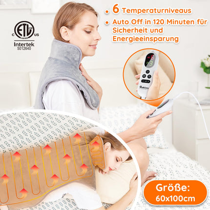 Heizkissen für Rücken Schulter Nacken 60x100cm Wärmekissen mit Abschaltautomatik, Schnelle Erwärmung, mit Taillenriemen, Rückenwärmer Heizdecke 6 Heizstufen, Auto-OFF-Timer, Flanellmaterial, Waschbar