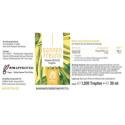 NATURTREU® D3 K2 vitamīna pilieni ar augstu devu un vegānisks sastāvs - 100% augu izcelsmes (bez dzīvnieku izcelsmes lanolīna) - 1000 SV D vitamīns + K2 vitamīns - Saules draugs