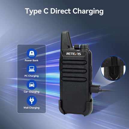 Retevis RT622 Walkie Talkie Mini, PMR446 profesionāls divvirzienu rācijas tālrunis tālsatiksmes sakariem, VOX, uzlādējams automašīnas rācijas tālrunis pieaugušajiem, kempingam (melns, 1 pāris)