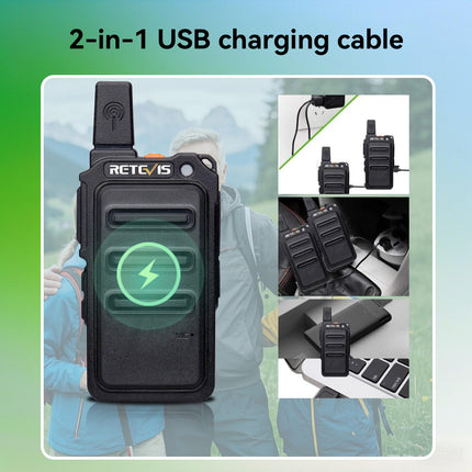 Retevis RT619 rācija, PMR446 uzlādējama divvirzienu rācija ar USB 1300mAh akumulatoru, VOX bez licences, mini rācijas, profesionālas lietošanai ģimenē, kempingā (2 iepakojumi, melnas)