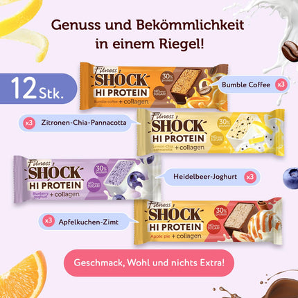 FitnesSHOCK proteīna batoniņu komplekts, miksēšanas kaste ar augstu 30% 12g proteīna saturu. Proteīna batoniņš bez pievienota cukura ar 5g kolagēna, zems ogļhidrātu saturs, augsts šķiedrvielu saturs, zems kaloriju saturs, 12gab. 40g.