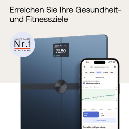 WITHINGS Body Smart — digitālie personīgie svari ar Wi-Fi/ķermeņa tauku skalu, lai noteiktu ķermeņa sastāvu, tostarp muskuļu masu, ūdens procentuālo daudzumu un kaulu blīvumu.