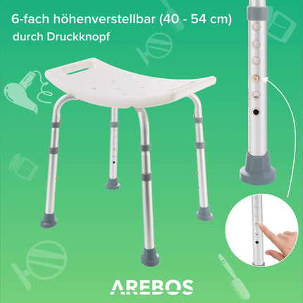 Arebos dušas krēsls | Regulējams augstums | alumīnija rāmis | Neslīdošas gumijas kājiņas | Sēdeklis ar drošības rokturiem | Dušas palīglīdzeklis | Dušas krēsls | Dušas sēdeklis | vannas istabas krēsls | Vannas sēdeklis | senioriem