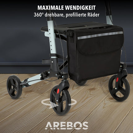 Arebos vieglais alumīnija rollators | Ceļojuma rollators ar 6 augstuma regulēšanu | Salokāms | Iekļauts spieķa turētājs un noņemama iepirkumu soma | Staigāšanas rāmis ar bloķēšanas funkciju | Melns