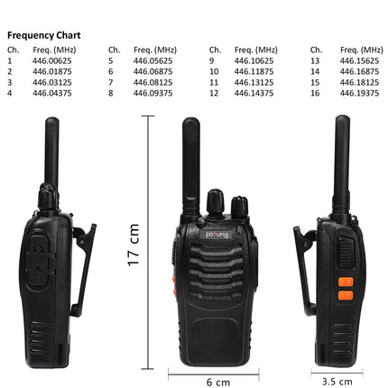Rācija PMR446 bezlicencīga divvirzienu rācija, pofung PT88E 16 kanāli Profesionāla uzlādējama ar liela darbības rādiusa USB uzlādes staciju un austiņām Melna 4 gab.