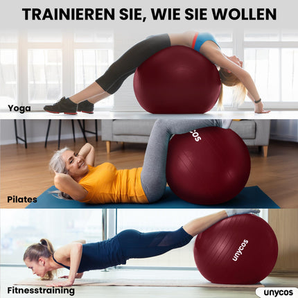 unycos - vingrošanas bumba 75 cm sēdbumba treniņu bumba jogai, fitnesam, medicīnas bumba, līdzsvara bumba, korsetes spēka treniņiem, Pilates bumba | Ieskaitot pumpis, bez BPA, pretplīsuma (tumši rozā ar logotipu)