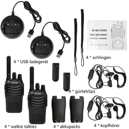 Rācija PMR446 bezlicencīga divvirzienu rācija, pofung PT88E 16 kanāli Profesionāla uzlādējama ar liela darbības rādiusa USB uzlādes staciju un austiņām Melna 4 gab.