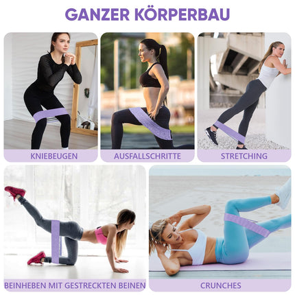 Adītas fitnesa lentes, pretestības lentes, jogas jostas, neslīdošas un sviedru izturīgas, vingrošanas jostas, gurnu, kāju treniņiem, spēka treniņiem un pievilkšanās vingrinājumiem (gaiši violeta, violeta, tumši violeta)