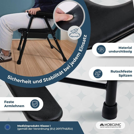 Mobiclinic, tualetes krēsls, Guadalquivir, Eiropas zīmols, tualetes poda sēdeklis vecāka gadagājuma cilvēkiem un cilvēkiem ar invaliditāti, tualetes poda sēdeklis, neslīdošs, salokāms, hromēts tērauds, viegls, melns