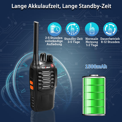 MaxTalker MT-8S uzlādējama rācija pieaugušajiem un bērniem, bezlicencētas PMR446 radioaparāti, 16 kanālu radio uztveršana, ar austiņām un 1500 mAh litija jonu akumulatoru ar C tipa savienotāju, 4 gabalu komplekts
