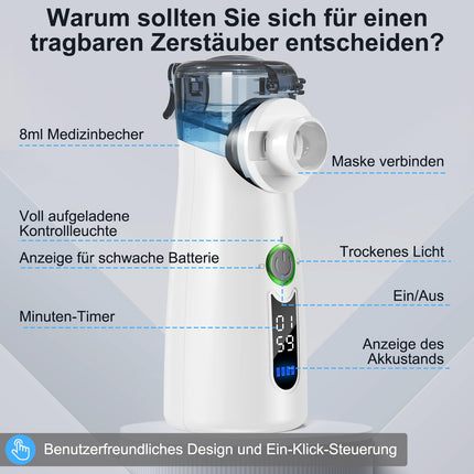 NVKHG inhalators, pārnēsājams kluss inhalators ar digitālo displeju, automātiska atlikumu tīrīšana, uzlādējams USB-C pieaugušajiem un bērniem – pelēks
