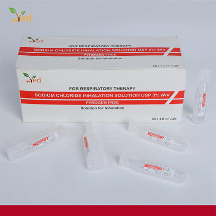 VED hipertonisks inhalācijas sāls šķīdums, 3% nātrija hlorīds (NaCl), 50 x 4,0 ml vienreizējas devas flakoni pieaugušajiem un bērniem