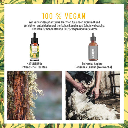 NATURTREU® D3 K2 vitamīna pilieni ar augstu devu un vegānisks sastāvs - 100% augu izcelsmes (bez dzīvnieku izcelsmes lanolīna) - 1000 SV D vitamīns + K2 vitamīns - Saules draugs