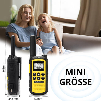 Radioddity PR-T6 rācija PMR446 bezlicencīga divvirzienu rācija pieaugušajiem un bērniem, uzlādējama rācija ar VOX, USB-C uzlāde, lukturītis, austiņas kempingam un pārgājieniem, 2 iepakojumi, dzeltena